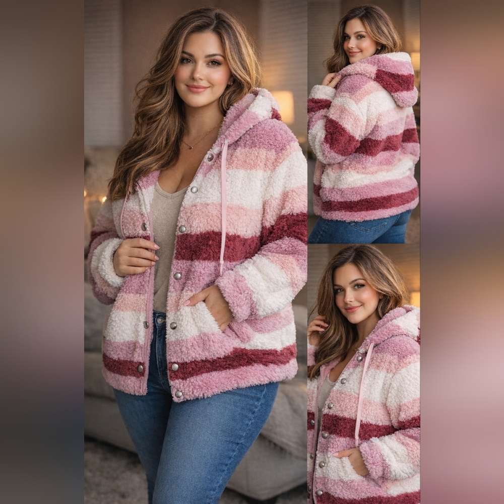 Poppy & Whimsy Multicolor Stripe Sherpa Teddy Jacket 1X NWT Plus